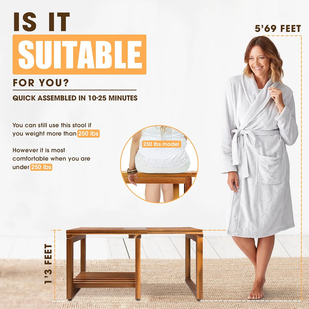 Adjustable Length 29 Inches Shower Stool Bench Chair Waterproof with Storage Shelf for Shaving Legs, Spa, Bath Seat in Bathroom, Inside Shower for Adults Seniors Elderly (Small 29 in)