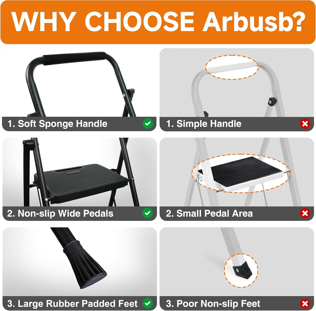 3 Step Ladder, Protable Steel Folding Stool with Wide Anti-Slip Pedal, 500lbs Sturdy Steel Ladder, Black