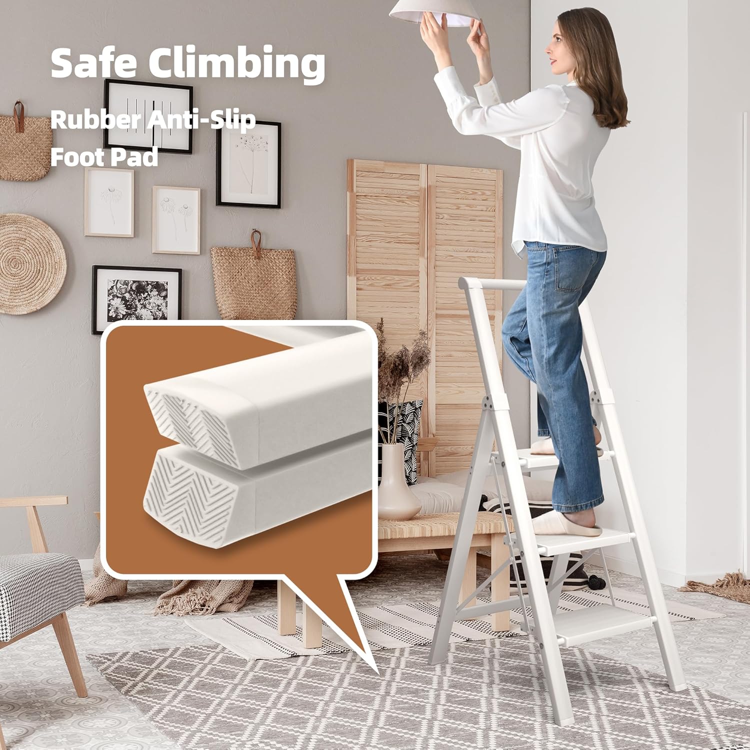 HillhutApex 3 Step Foldable Aluminum Step Ladder with Handgrip, Anti-Slip Pedal, 330 lbs Capacity, Lightweight & Portable for Home, Kitchen, Office, Garage (White)