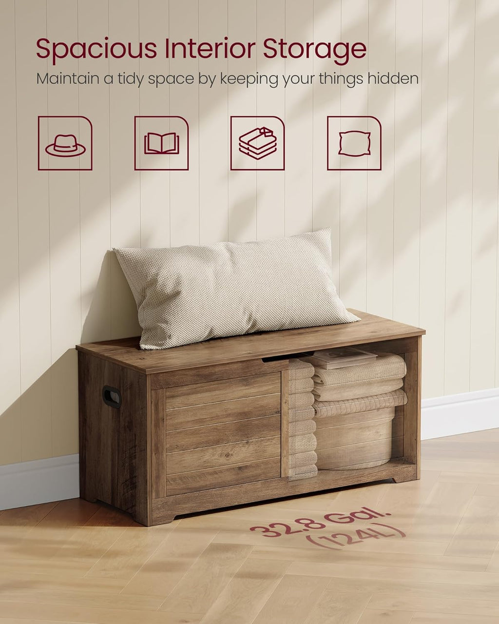 VASAGLE Storage Chest, Storage Bench with 2 Safety Hinges, Farmhouse Style, 15.7 x 39.4 x 18.1 Inches, for Entryway, Bedroom, Living Room, Honey Brown ULSB061K01