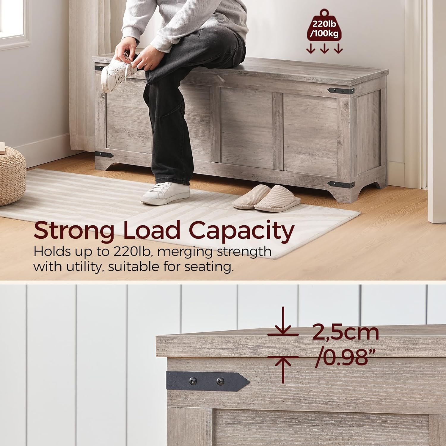 Storage Chest, 47.2" Storage Trunk with 2 Safety Hinges, Wooden Toy Chest, Entryway Shoe Bench, Large Toy Box for Kids Room, Bedroom, Living Room, Greige SCHG4901