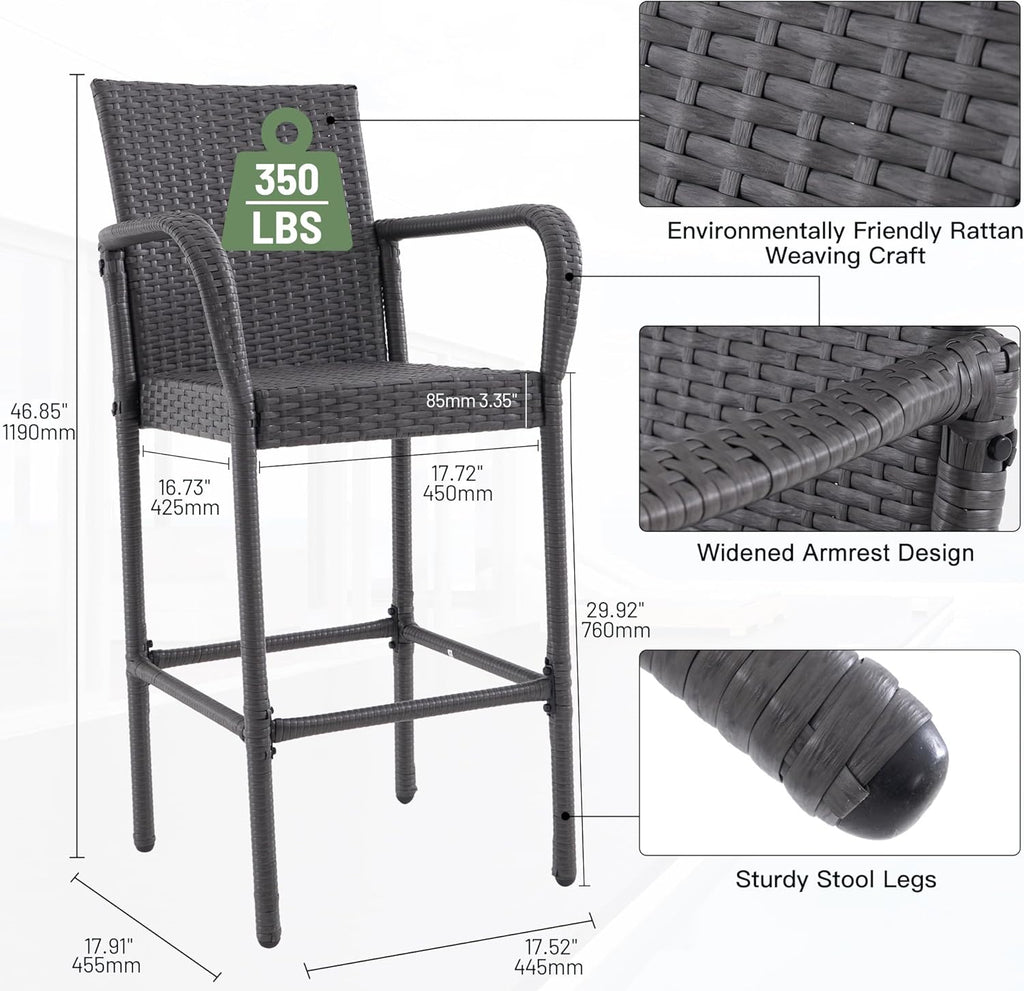 Outdoor Bar Stools Set of 2, Patio Bar Stools with Armrests, All Weather Wicker Rattan Bar Chairs with Backrest for Backyard, Garden, Pool, Balcony and Deck, Dark Grey