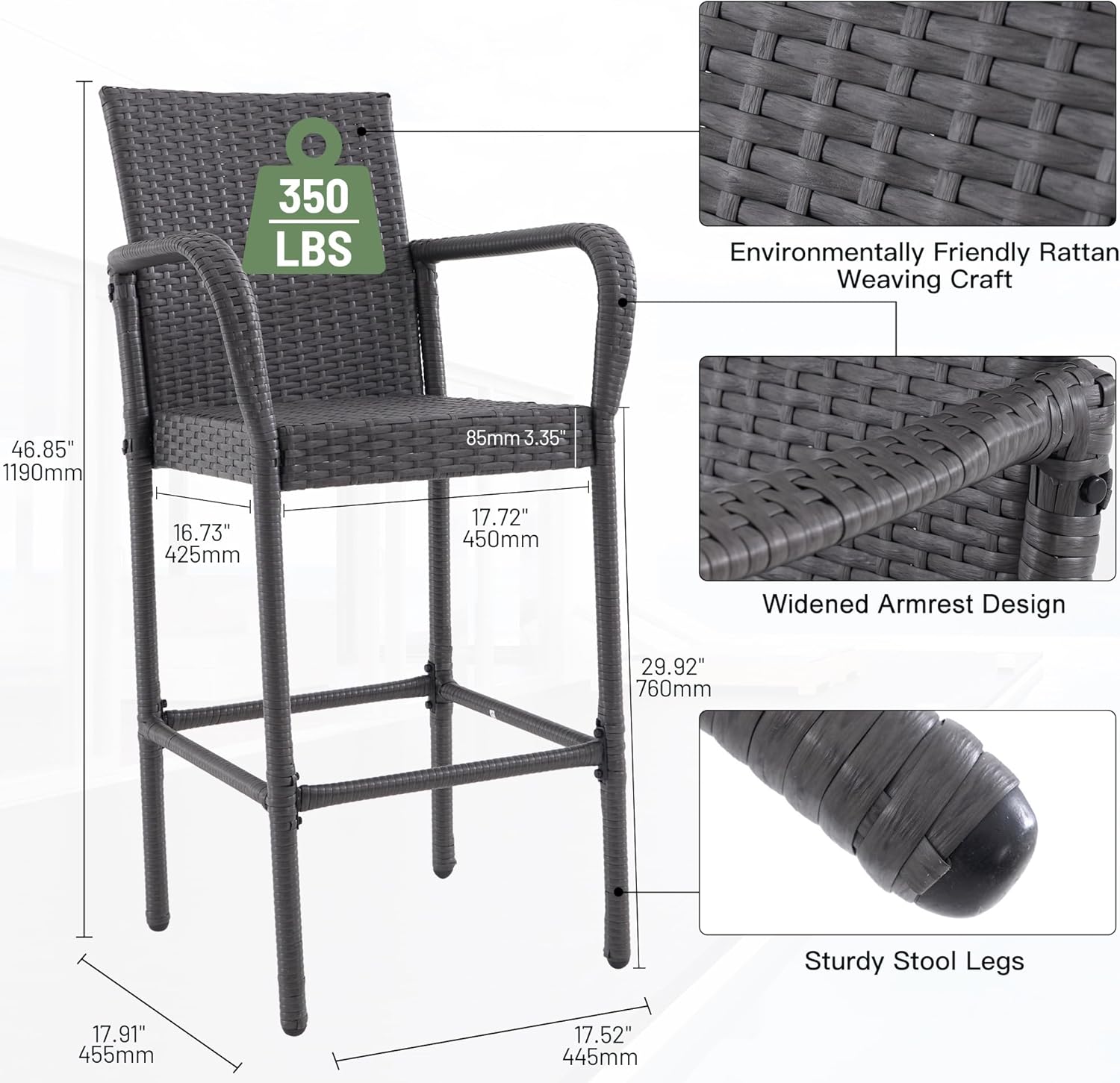 Outdoor Bar Stools Set of 2, Patio Bar Stools with Armrests, All Weather Wicker Rattan Bar Chairs with Backrest for Backyard, Garden, Pool, Balcony and Deck, Dark Grey