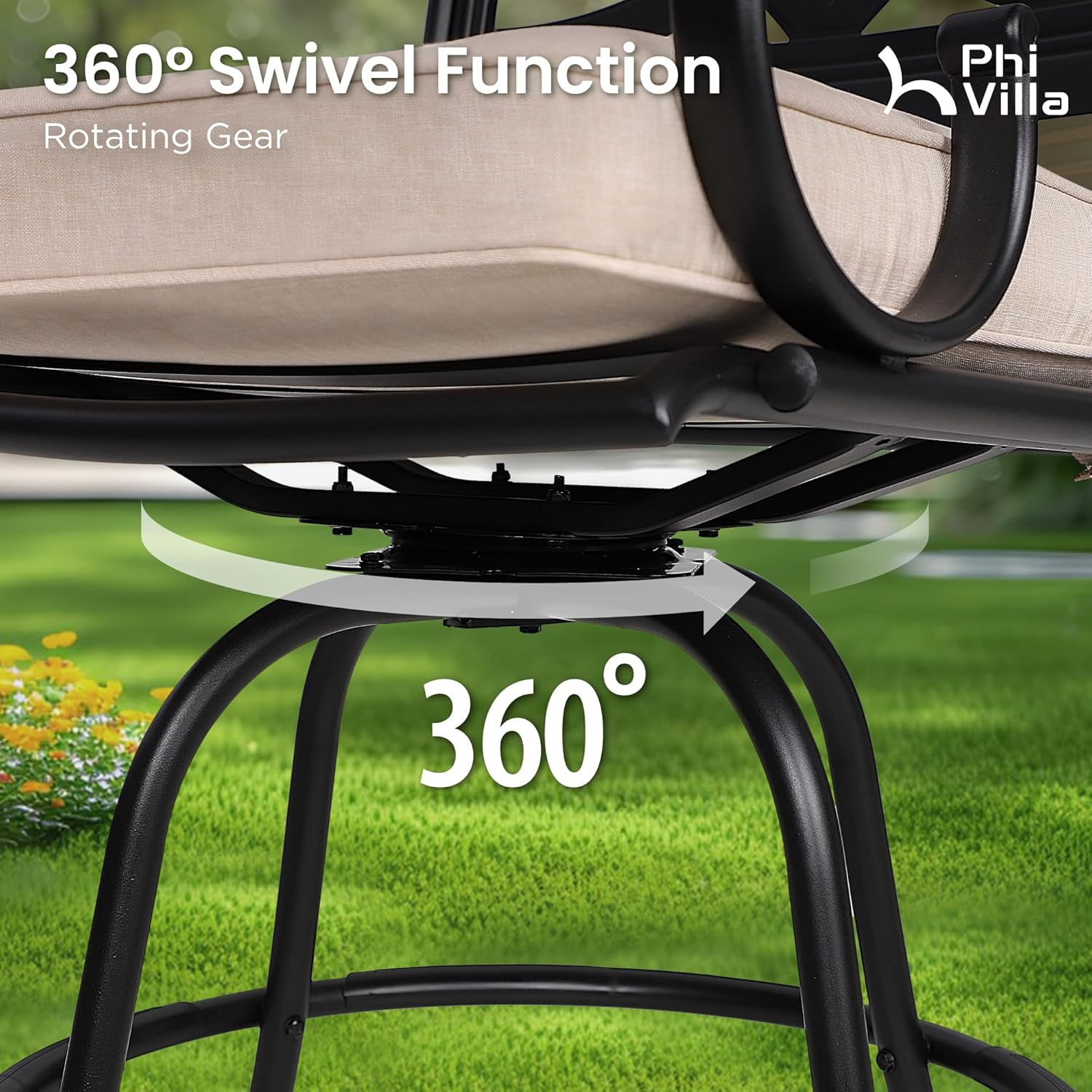 PHI VILLA Outdoor Swivel Bar Stools Set of 4，Patio Counter Height Bar Chairs with Back and Armrest，Metal,Black