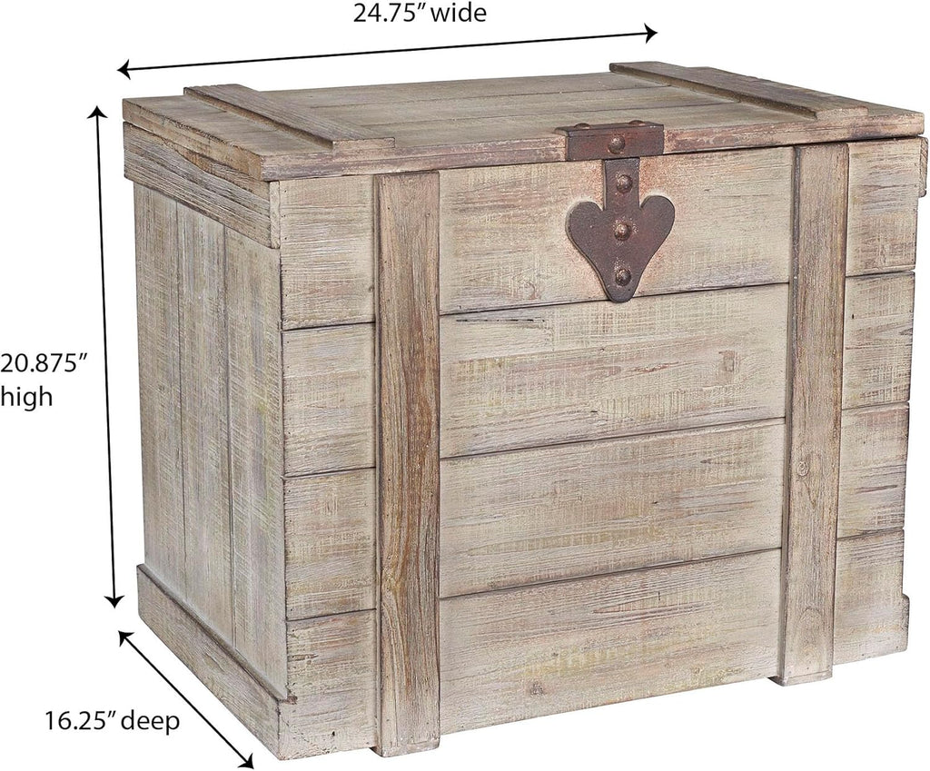 Household Essentials Antiqued Decorative Trunk, Large, Chinese Fir Panel and MDF, Smooth Backing and Metal Hinge Accent, Flat Top and Stay-Open Lid