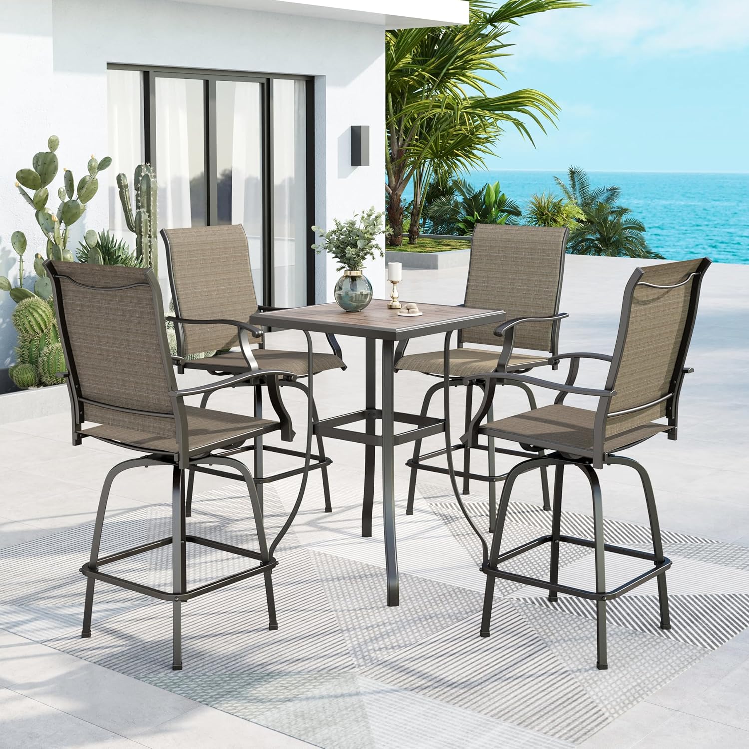 MFSTUDIO Outdoor Bar Stools Set of 4, Swivel Bar Height Patio Chairs Outdoor Barstools High Top Patio Swivel Bar Chairs, Breathable Textilene, Navy Blue