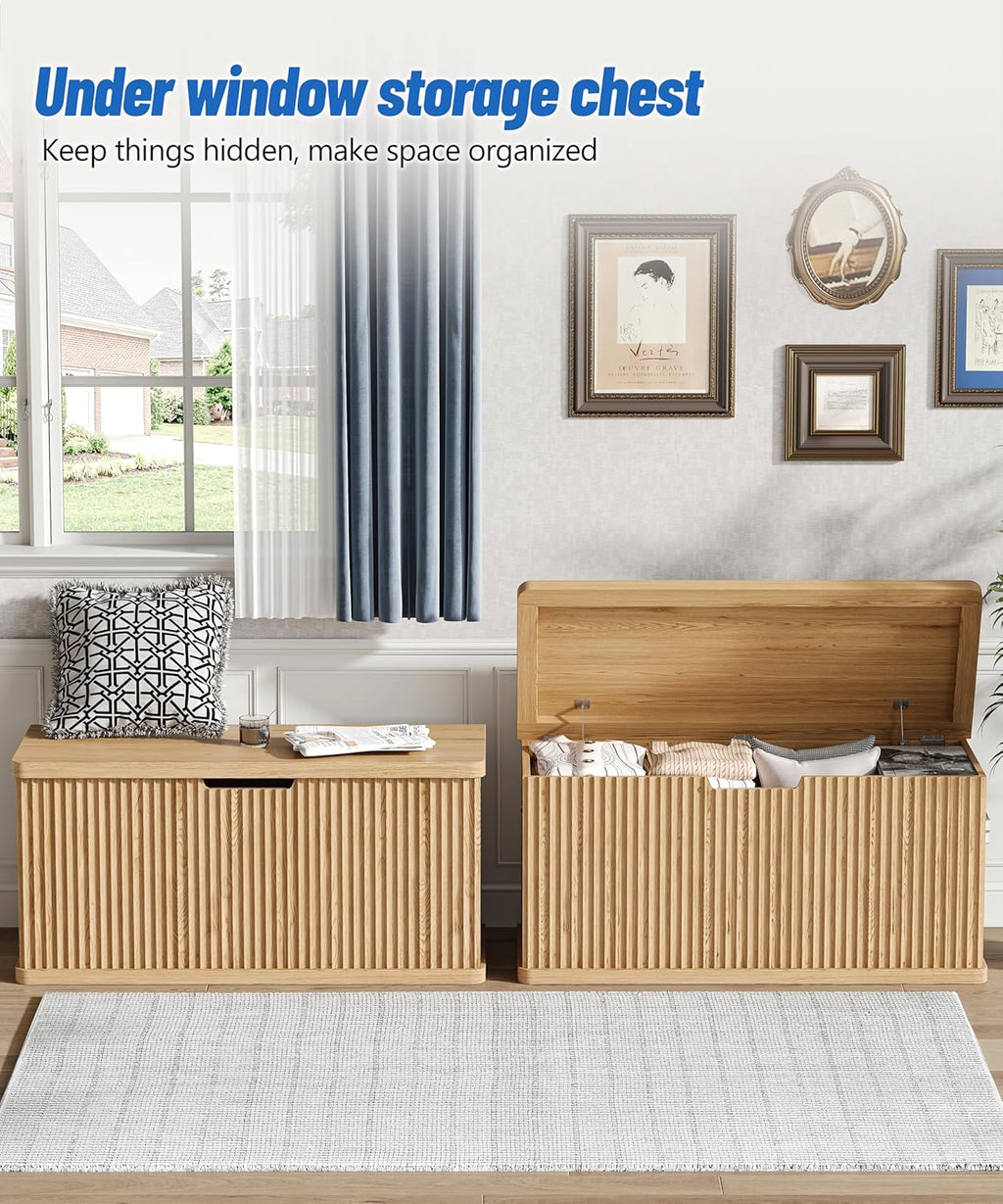 Fluted Storage Chest with 2 Safety Hinges, 37.4" Wooden Storage Trunk, Natural Entryway Bench, for Living Room, Bedroom, Curved Profile, Easy Assembly, Natural Oak