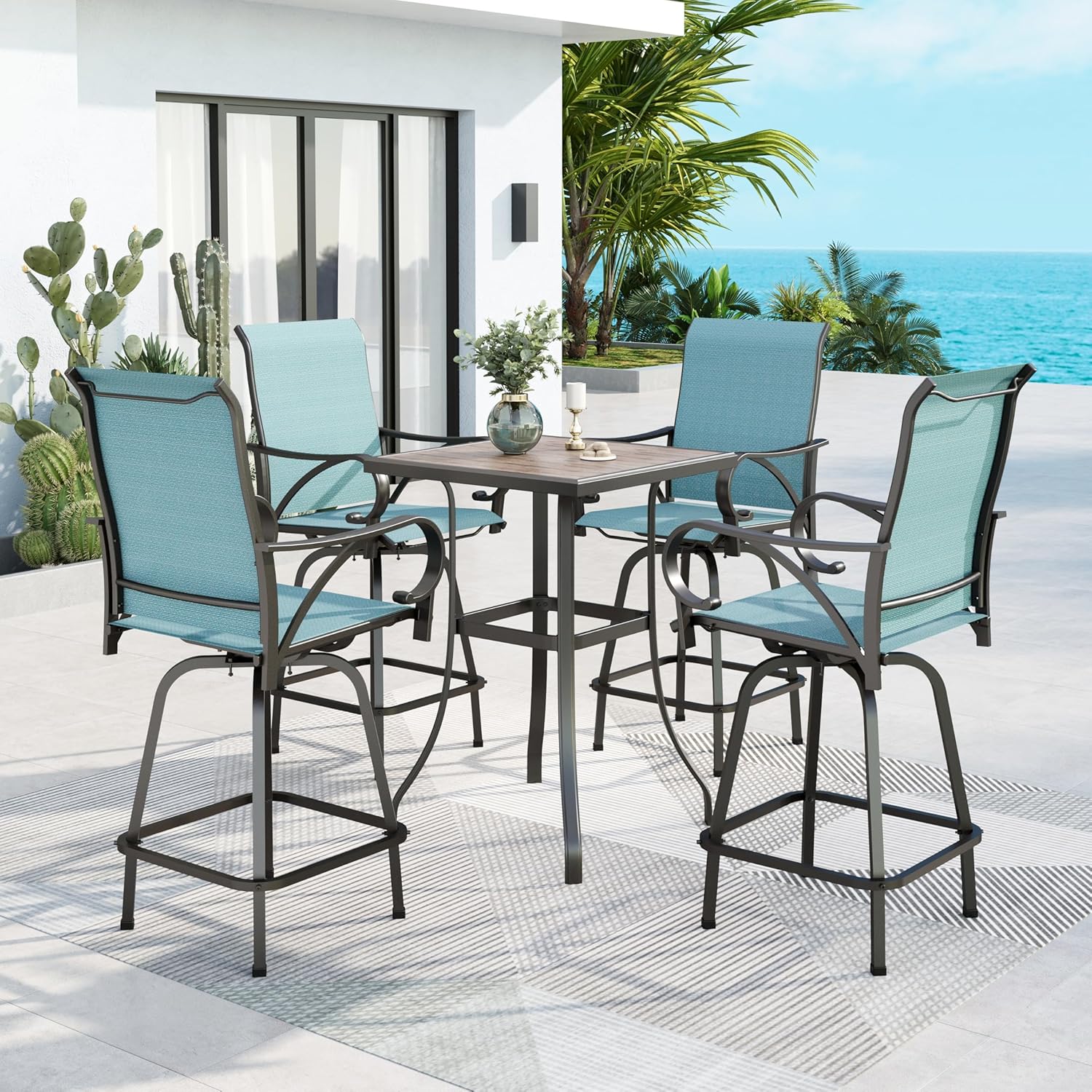 MFSTUDIO Outdoor Bar Stools Set of 4, Swivel Bar Height Patio Chairs Outdoor Barstools High Top Patio Swivel Bar Chairs, Breathable Textilene, Navy Blue