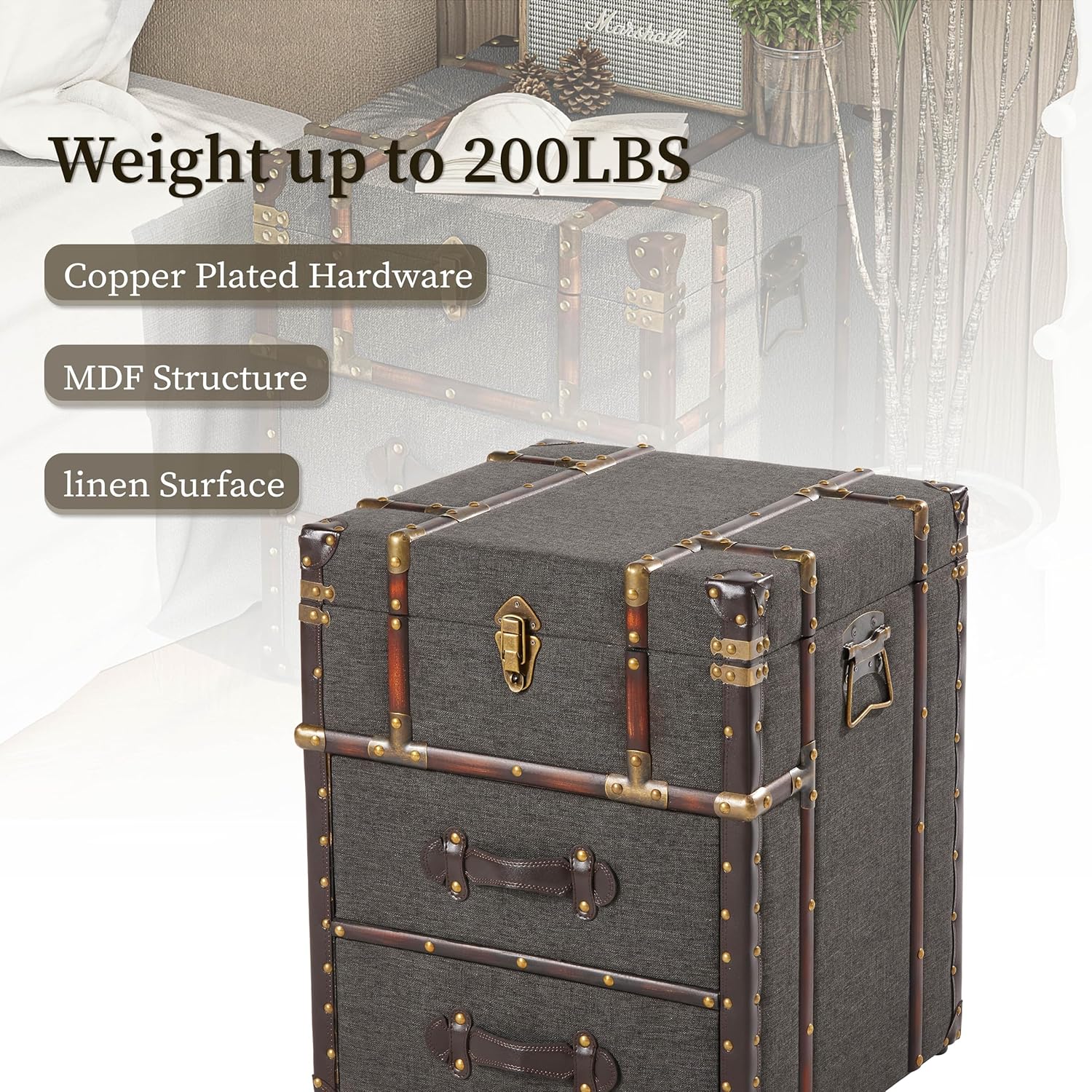 Vintage Storage Chest with Buckle Hinged Top, Linen Accent End Side Table for Living Room, Office, Bedroom, Rectangle, Grey