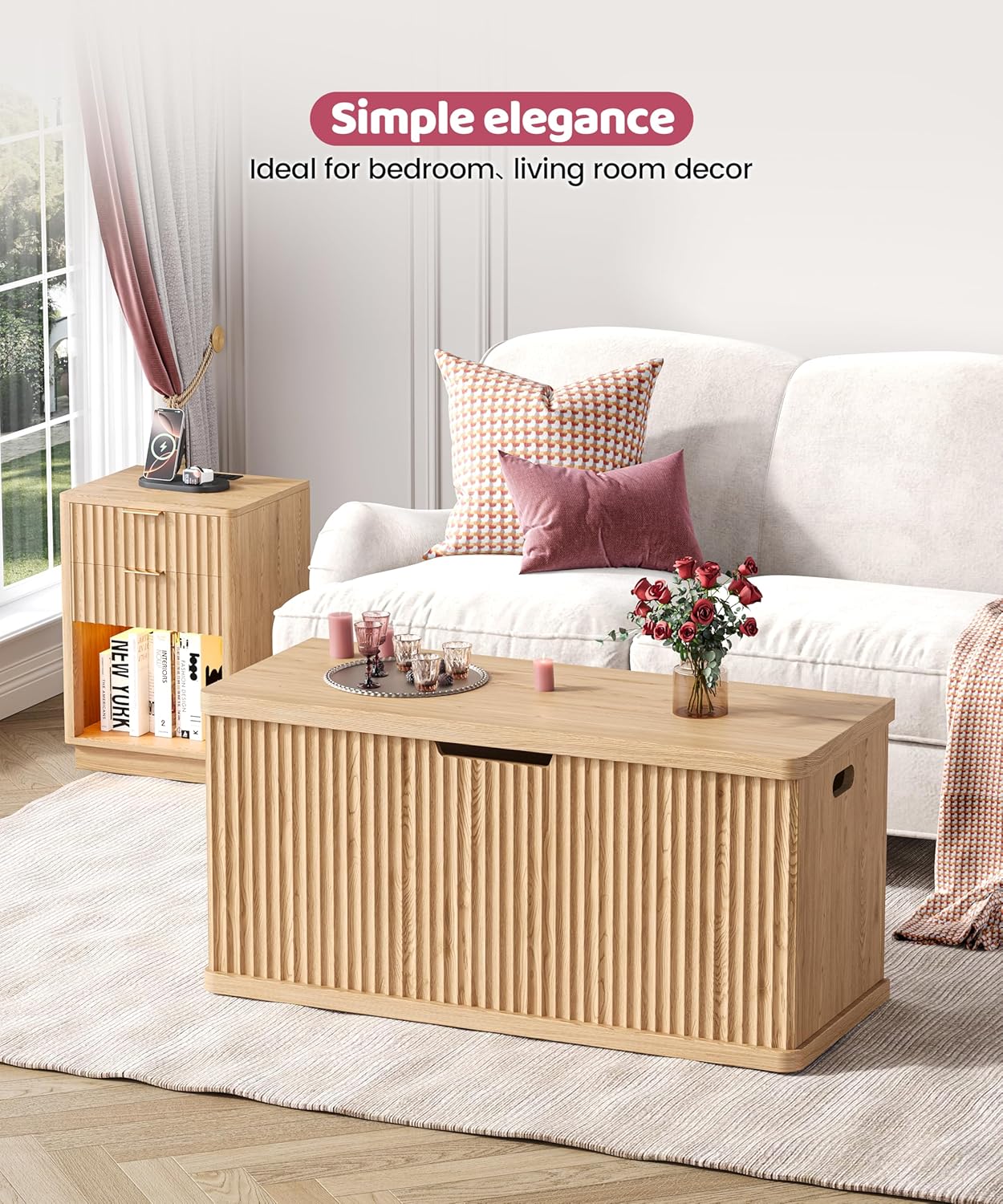 Fluted Storage Chest with 2 Safety Hinges, 37.4" Wooden Storage Trunk, Natural Entryway Bench, for Living Room, Bedroom, Curved Profile, Easy Assembly, Natural Oak