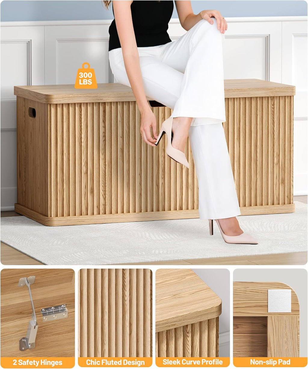 Fluted Storage Chest with 2 Safety Hinges, 37.4" Wooden Storage Trunk, Natural Entryway Bench, for Living Room, Bedroom, Curved Profile, Easy Assembly, Natural Oak