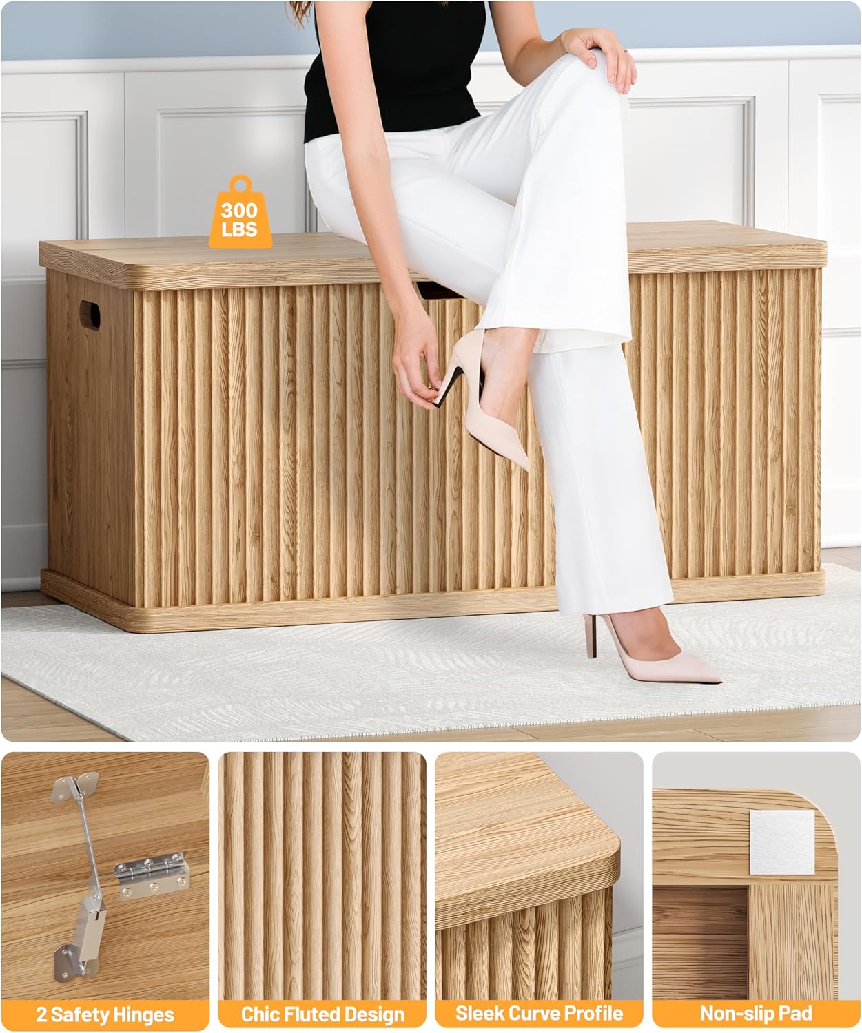 Fluted Storage Chest with 2 Safety Hinges, 37.4" Wooden Storage Trunk, Natural Entryway Bench, for Living Room, Bedroom, Curved Profile, Easy Assembly, Natural Oak