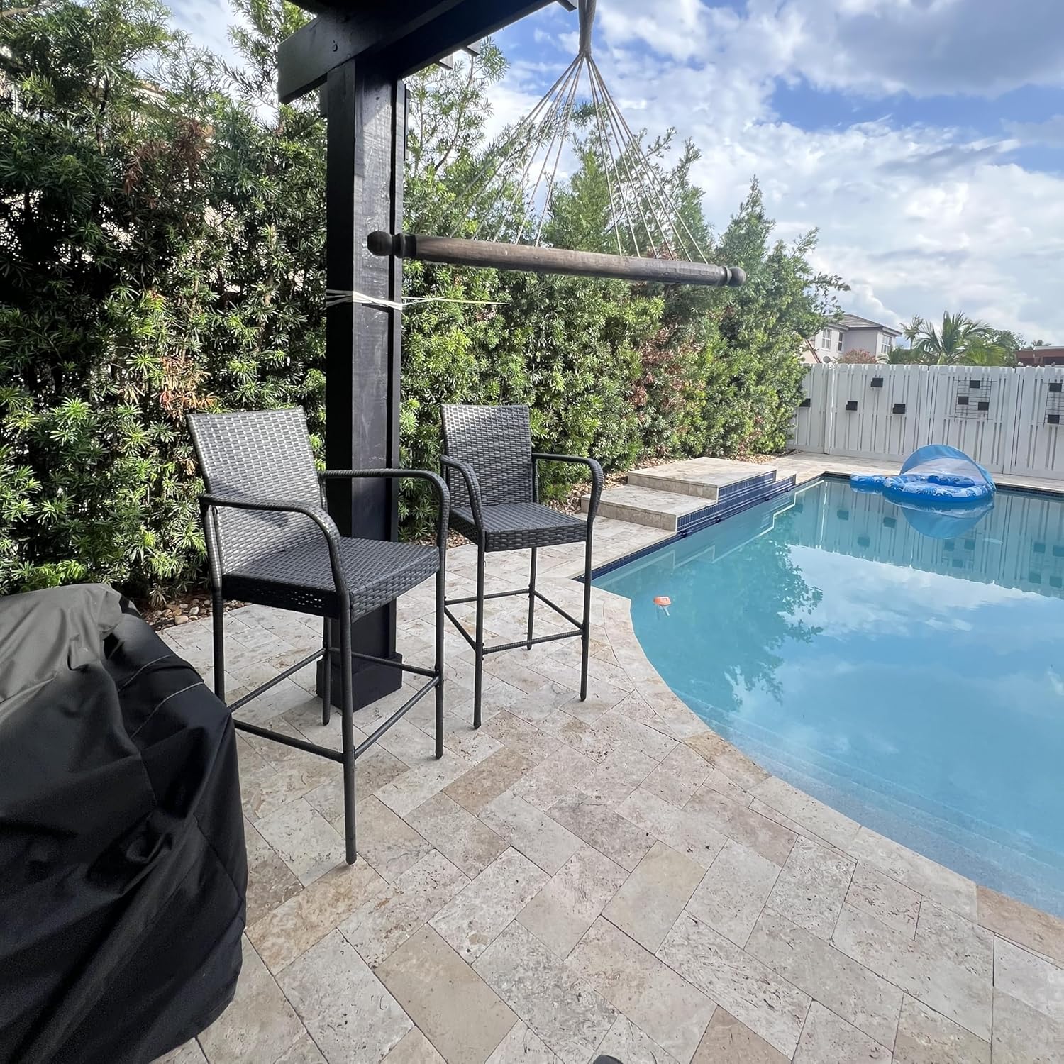 Outdoor Bar Stools Set of 2, Patio Bar Stools with Armrests, All Weather Wicker Rattan Bar Chairs with Backrest for Backyard, Garden, Pool, Balcony and Deck, Dark Grey