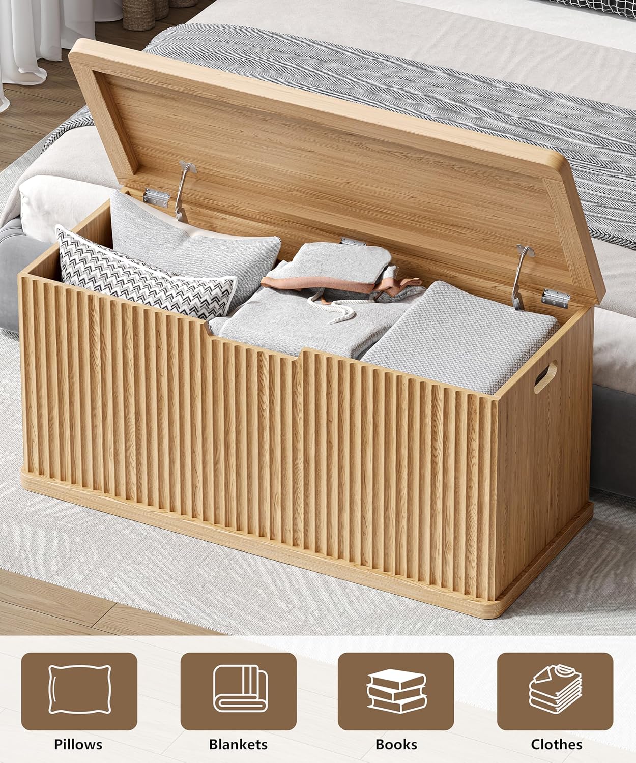Fluted Storage Chest with 2 Safety Hinges, 37.4" Wooden Storage Trunk, Natural Entryway Bench, for Living Room, Bedroom, Curved Profile, Easy Assembly, Natural Oak