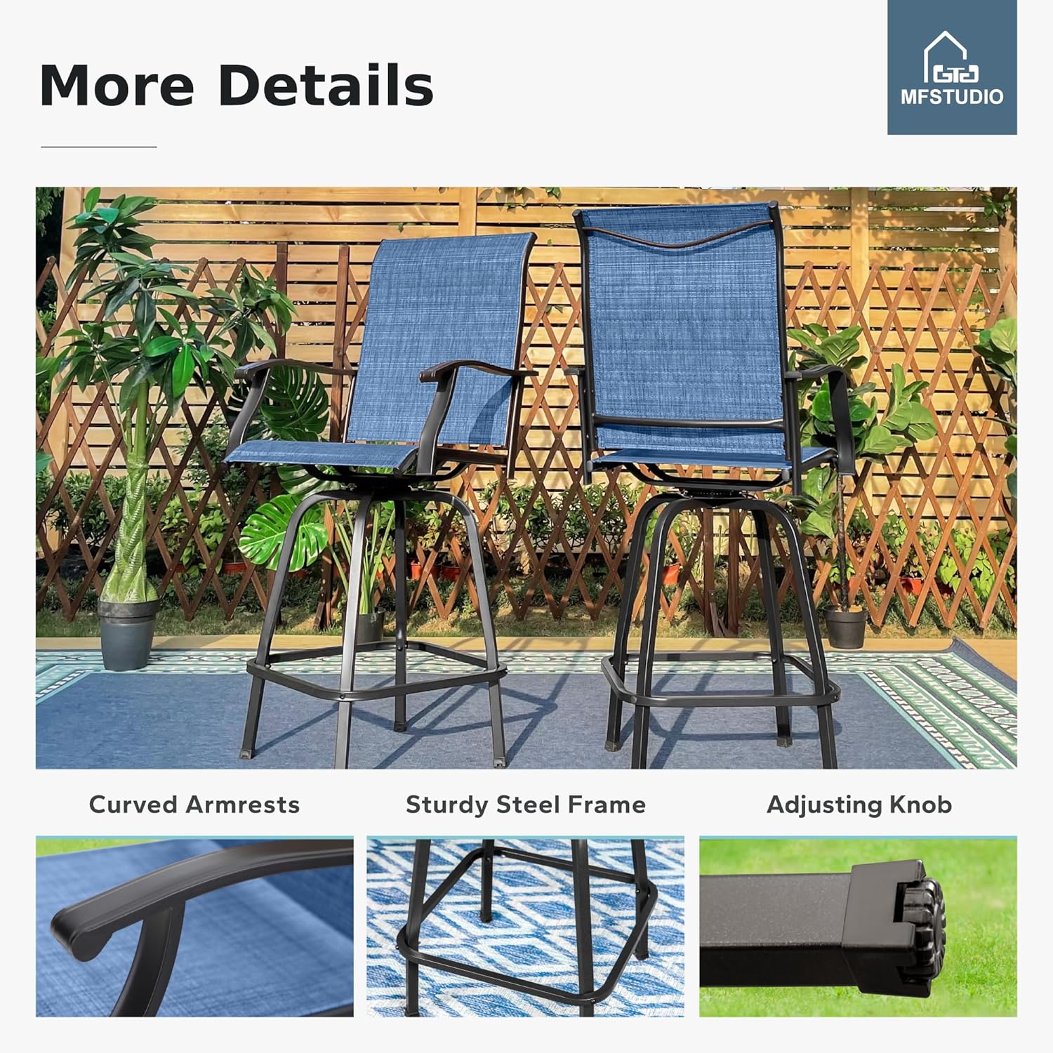 MFSTUDIO Outdoor Bar Stools Set of 4, Swivel Bar Height Patio Chairs Outdoor Barstools High Top Patio Swivel Bar Chairs, Breathable Textilene, Navy Blue