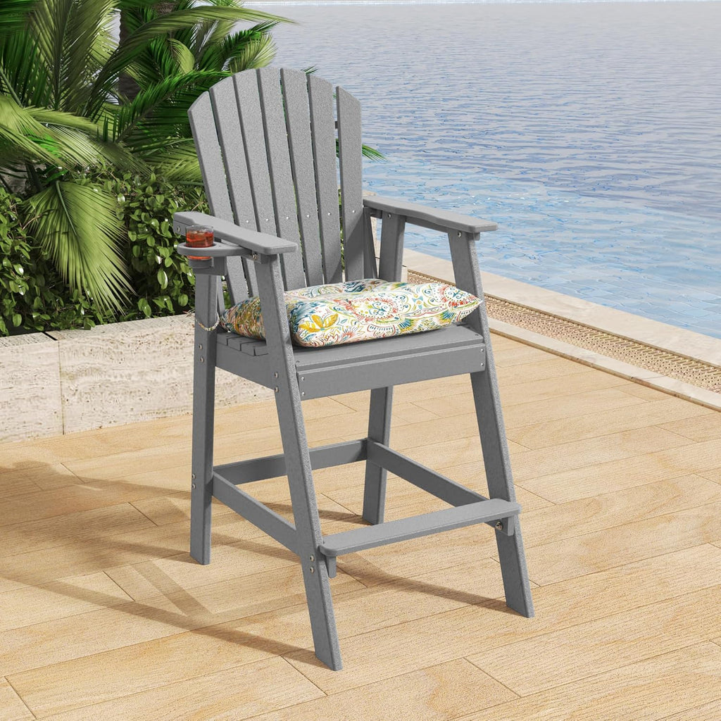Sundale Outdoor Adirondack Bar Stool, Patio HDPE Bar Chair with Backrest, 30 Inch Seat Height Tall Bistro Dining Counter Stool with Cushion, All-Weather Pub Height Chair, Gray