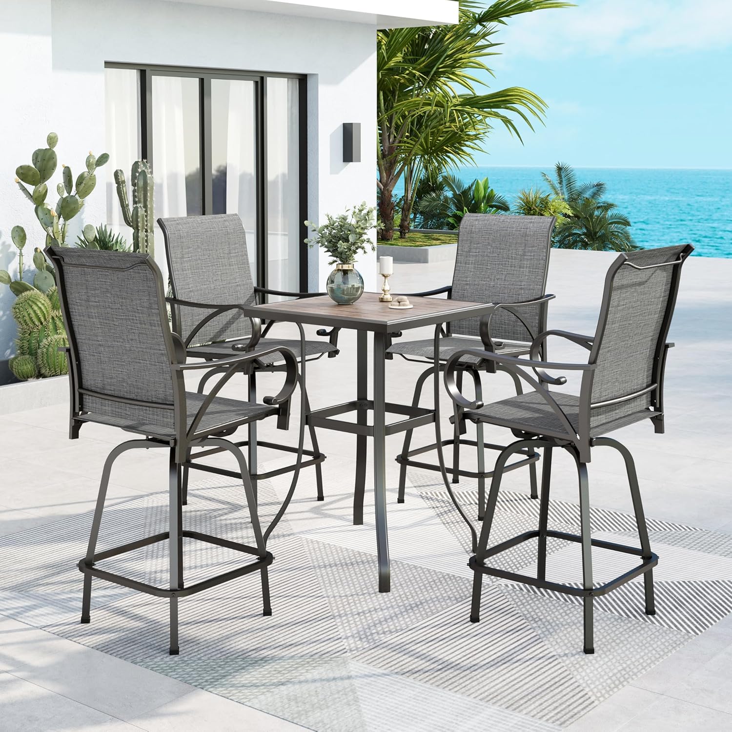 MFSTUDIO Outdoor Bar Stools Set of 4, Swivel Bar Height Patio Chairs Outdoor Barstools High Top Patio Swivel Bar Chairs, Breathable Textilene, Navy Blue