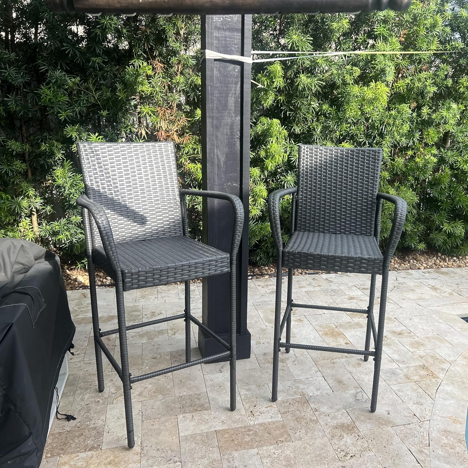 Outdoor Bar Stools Set of 2, Patio Bar Stools with Armrests, All Weather Wicker Rattan Bar Chairs with Backrest for Backyard, Garden, Pool, Balcony and Deck, Dark Grey